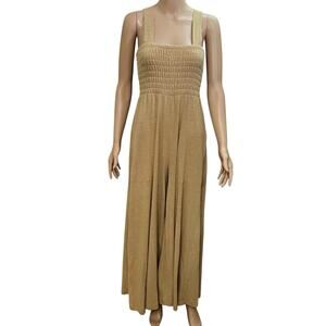 Free People Beach Homecoming Jumpsuit XS Wide Leg Tan Linen Blend Knit Boho